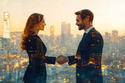 Business partners shaking hands in agreement against cityscape photo