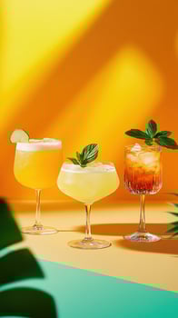 Three different cocktails on a yellow background photo