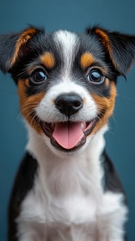 Adorable puppy panting and looking happy on blue background photo