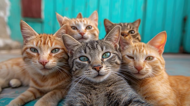 Group of kittens posing on blue background photo
