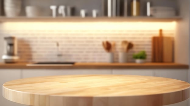 A wooden table in a kitchen with a white wall photo