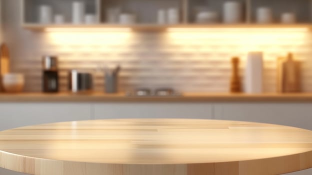 A table in front of a kitchen with a wooden top photo