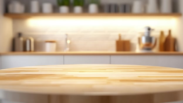 A kitchen table with a wooden top and a counter photo