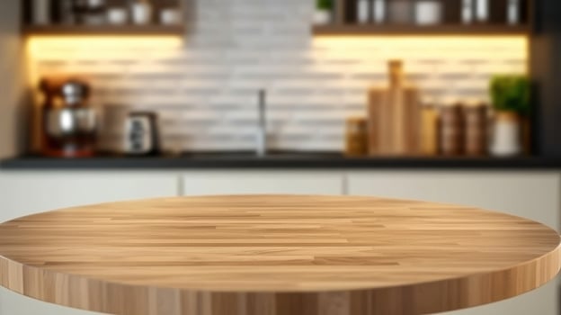 Wooden table in kitchen with blurred background photo