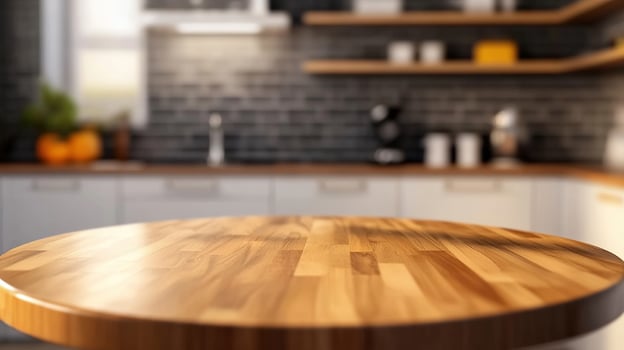 A wooden table in a kitchen with a black wall photo