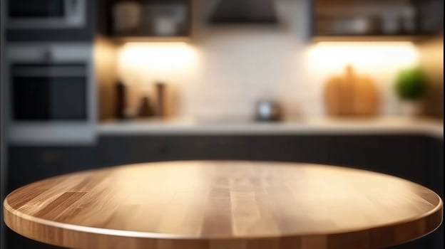 A wooden table in a kitchen with a stove photo
