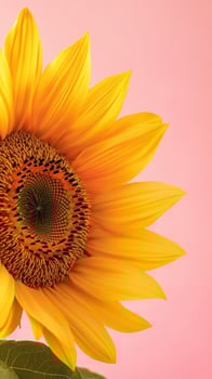 Sunflower yellow petals blooming close up nature theme with pink solid background photo