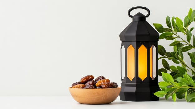Ramadan lantern and dates on white background photo