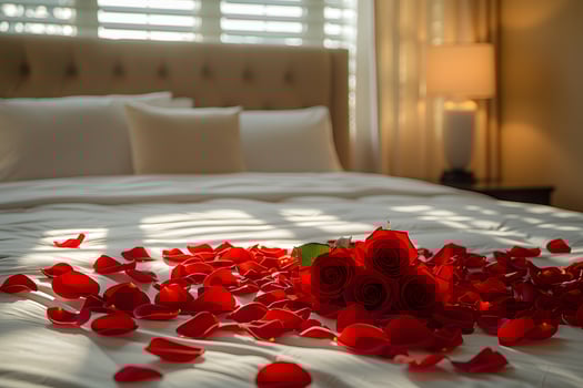 Romantic Bedroom Setting with Rose Petals and Bouquets - Perfect for Valentine's Day Decor, Wedding Night, and Anniversary Celebrations photo