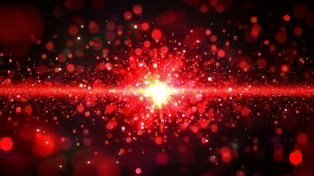 vibrant explosion of red particles bursts forth, radiating outward in a high-energy display against a black background, illuminating the darkness with dynamic glowing flecks. photo