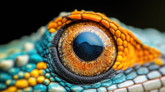 Colorful chameleon eye staring with black pupil and orange iris photo