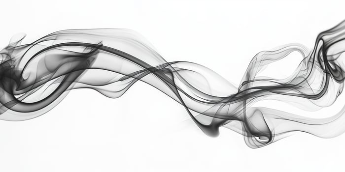 A dramatic plume of black smoke spirals and billows upward, presenting a striking contrast against a clear white background with intricate textures and shades of gray. photo