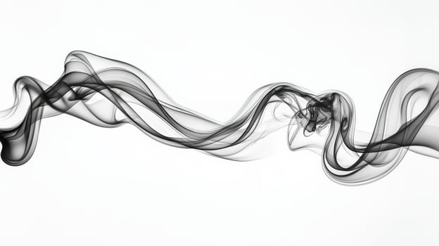 A swirling black smoke plume twists and rises gracefully, showcasing varying thickness and texture against a stark white background, creating an artistic visual impact. photo
