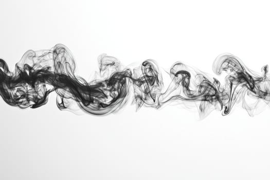 Dark, thick smoke billows horizontally, exhibiting defined edges and subtle transparency while gracefully weaving across a bright white backdrop, creating an abstract appearance. photo