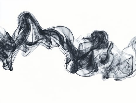 Delicate black smoke tendrils rise elegantly, swirling and thinning as they ascend, creating a captivating contrast against a bright white backdrop, showcasing intricate textures. photo