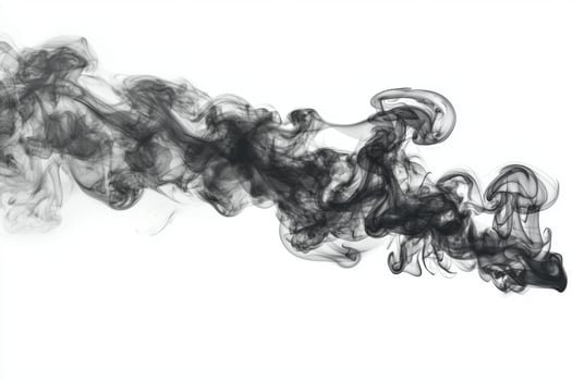 Thick, black smoke ascends in mesmerizing swirls, dancing gracefully against a pristine white background. The soft edges and varying opacity create an atmosphere of intrigue and depth photo