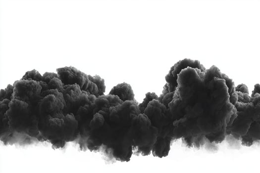 Thick black smoke rises and swirls against a striking white background, forming dark clouds that transition into wispy trails, evoking a sense of movement and intensity photo