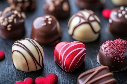 Delicious chocolate pralines decorated for valentine's day photo