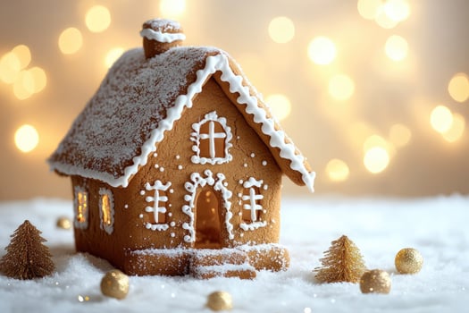 Gingerbread house standing on snow with christmas lights in the background photo