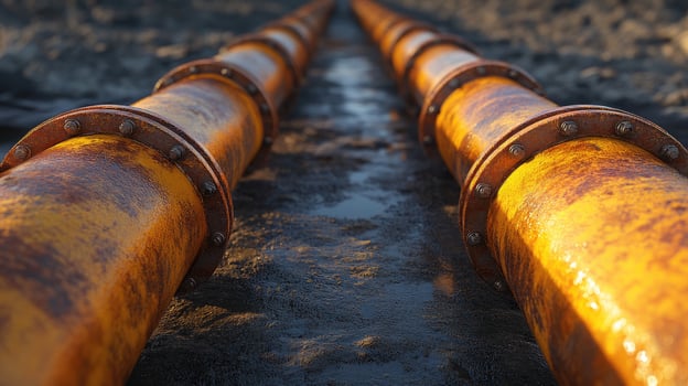 Rusty industrial pipes lying on the ground photo