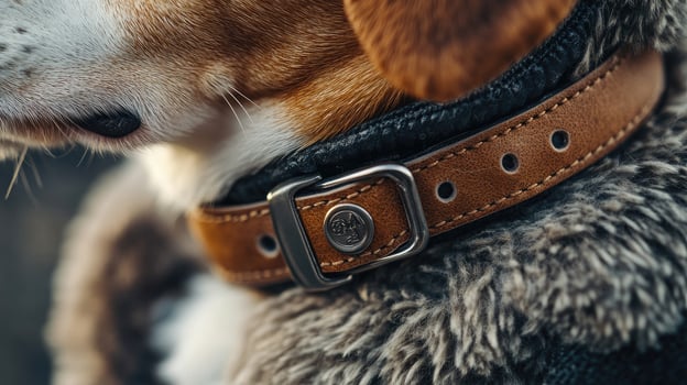 Beagle dog wearing brown leather collar with metal buckle photo