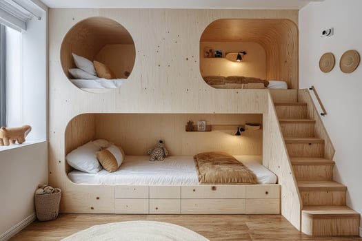 Modern wooden bunk bed with integrated rounded shapes in a minimalist children bedroom photo