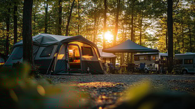 Modern family camping tents glowing in sunset light at campsite photo