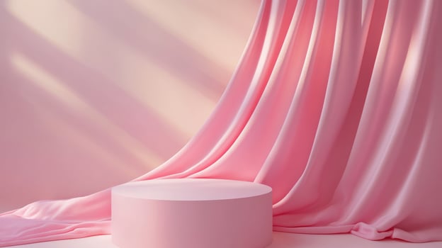 A stunning and beautifully designed minimalistic pink podium is set against luxurious and rich fabric, making it perfect for showcasing beauty products in a truly elegant and sophisticated setting photo