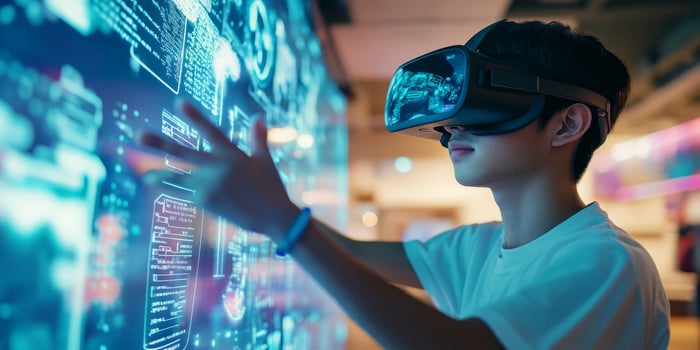 An enthusiastic student effectively uses advanced AI and engaging VR technology in an interactive classroom, leveraging innovative tools to enhance learning and foster creativity across subjects photo