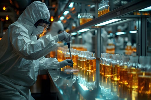 Scientist in Protective Gear Conducting Research in Laboratory with Chemical Samples photo
