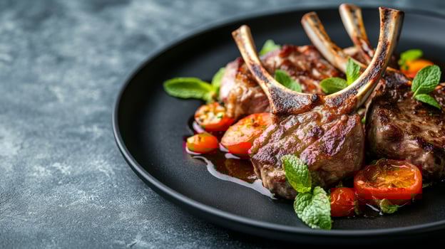 Indulge in juicy, tender lamb chops beautifully complemented with delightfully refreshing mint leaves, paired with a vibrant and colorful summer saladideal for anyone adhering to a ketogenic diet photo