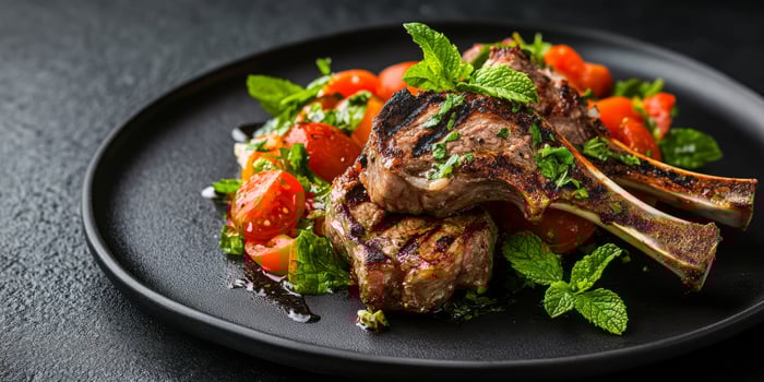 Indulge in the succulent taste of juicy lamb chops, elegantly complemented by a vibrant, fresh summer salad and aromatic mint, an ideal meal choice that aligns perfectly with a ketogenic diet photo