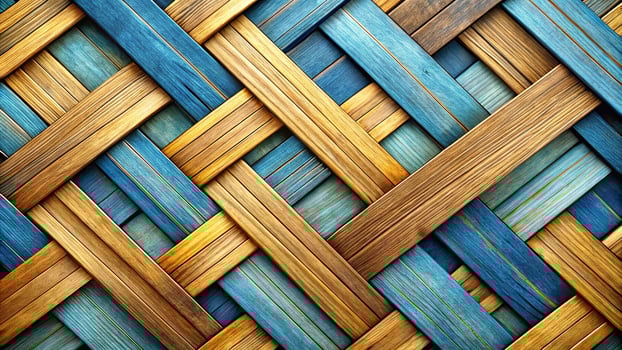 Abstract pattern formed by interlocking wooden planks in shades of blue and gold photo