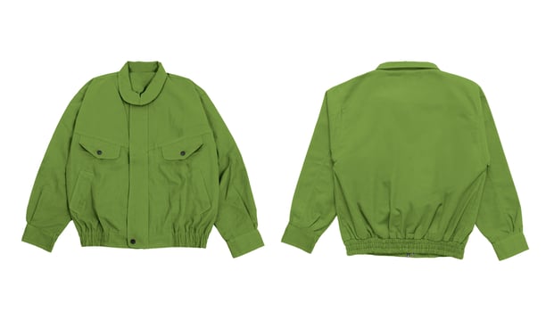 Green bomber jacket with two pockets on the front, isolated on white background photo