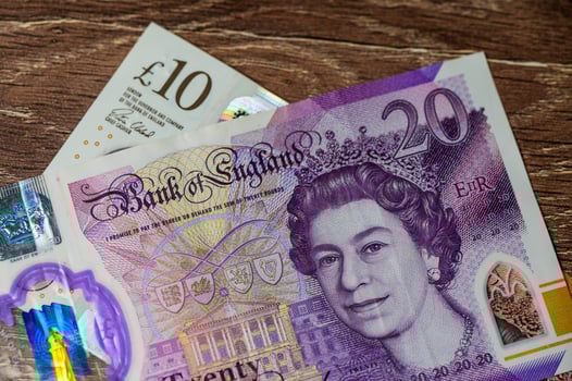 20 Sterling Pounds banknotes. Corner of the stack. New British polymer money. Macro photo. photo