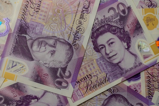 20 pound sterling bank notes closeup view business background photo