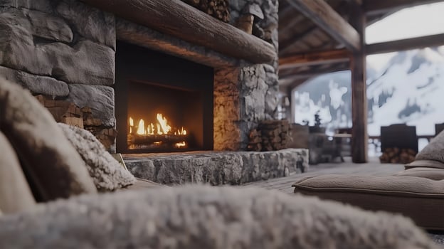A beautifully decorated interior features a warm fireplace surrounded by cozy seating photo