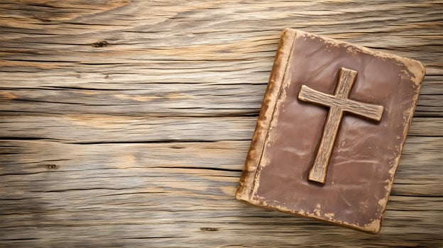 Wooden background with copy space featuring a cross on a book symbolizing faith and spirituality at rest photo