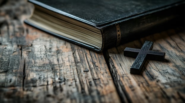 A wooden background featuring a black book and a cross representing faith and reflection photo