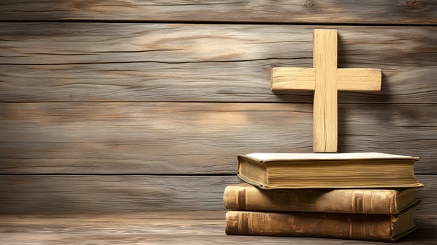 A wooden cross resting on two stacked books against a rustic wooden background photo