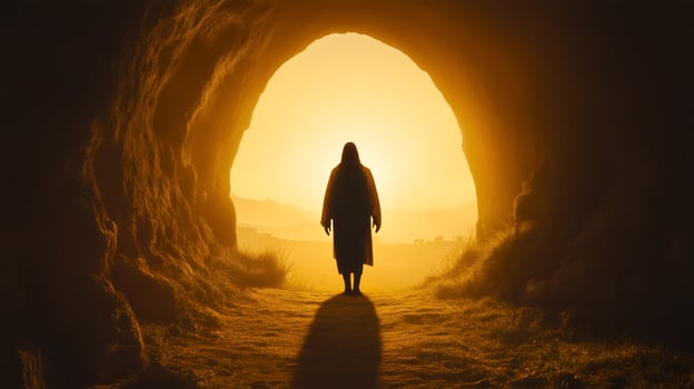 Jesus' resurrection as he emerges from the empty tomb during dawn with a glowing backdrop photo