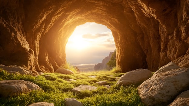 The empty tomb symbolizing Jesus' resurrection during sunrise in a serene landscape photo