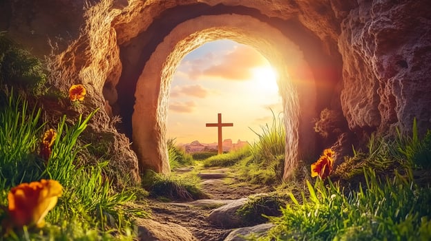 Sunrise over the empty tomb symbolizing the resurrection of Jesus Christ in a serene landscape photo