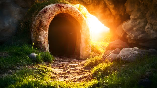 Resurrection of Jesus at the empty tomb surrounded by nature's beauty and morning light photo