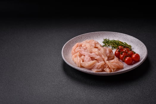 Raw chicken fillet cut into strips with spices and herbs photo