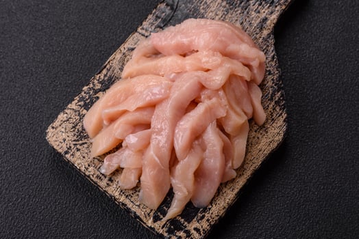 Raw chicken fillet cut into strips with spices and herbs photo