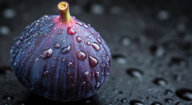 Fresh fig with water droplets on a dark surface captures the essence of ripe fruit photo