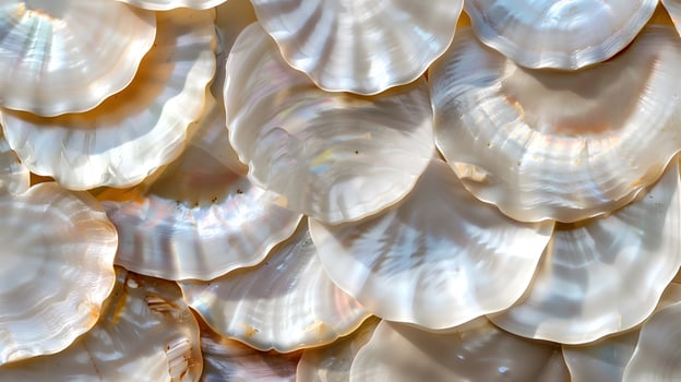 Natural pearlescent shells arranged harmoniously on a soft background during bright daylight photo
