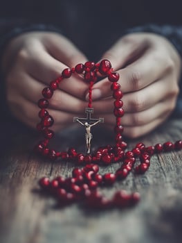 A person holding a red rosary with a crucifix, engaged in prayer during a quiet moment of faith photo