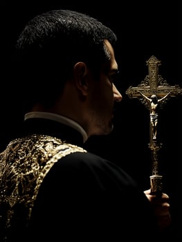 Priest praying in solemn silence while holding a crucifix in a dimly lit space during worship photo